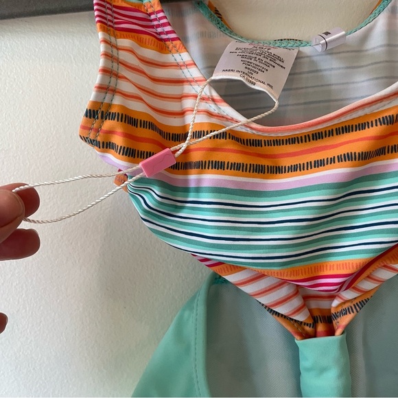 Mandarine &Co Girls One Piece Swimsuit XS/7 Colorful Stripe Top & Mint Bow Waist - Picture 5 of 7